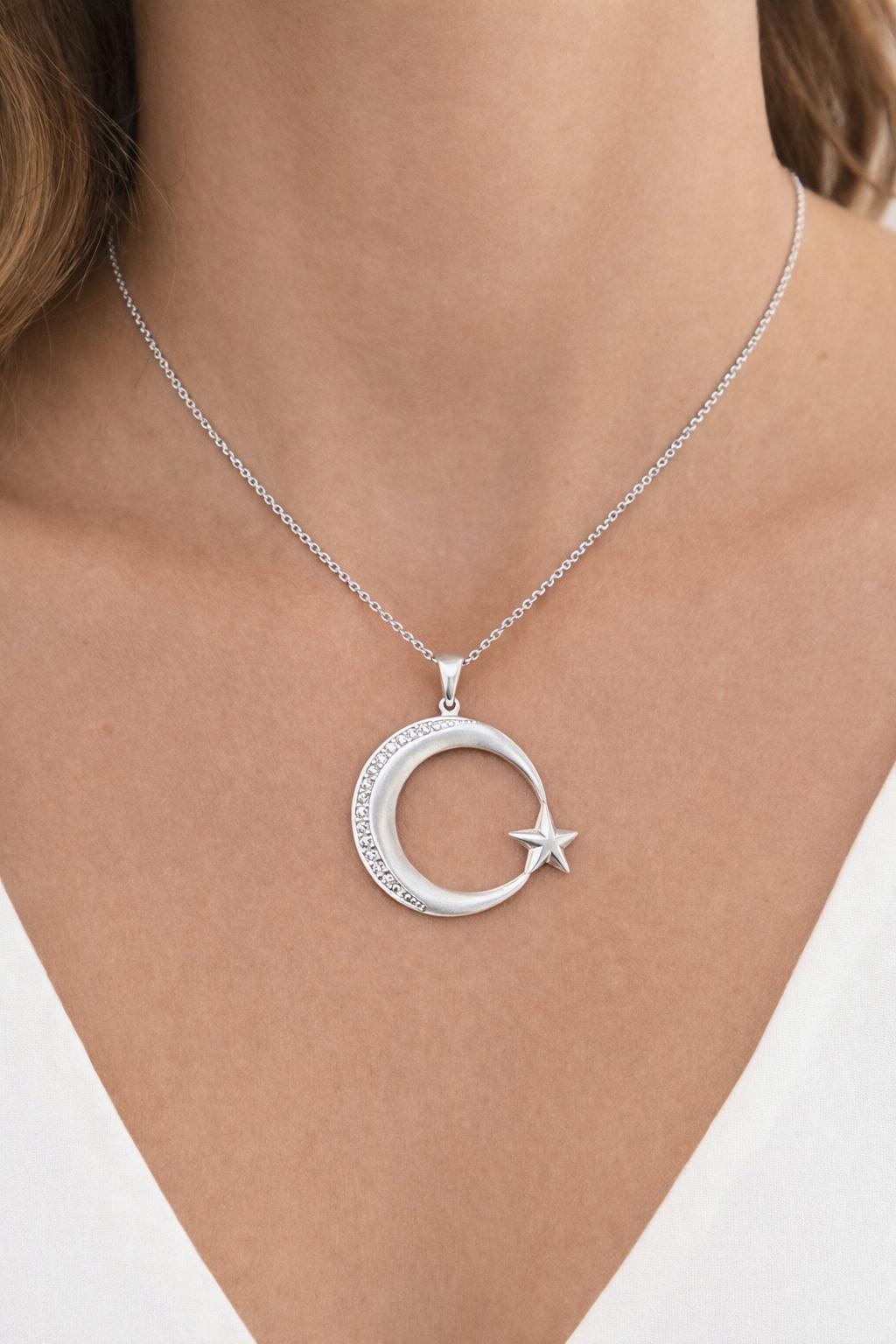 AY YILDIZ ZİRKON TAŞLI KOLYE 925 AYAR GÜMÜŞ